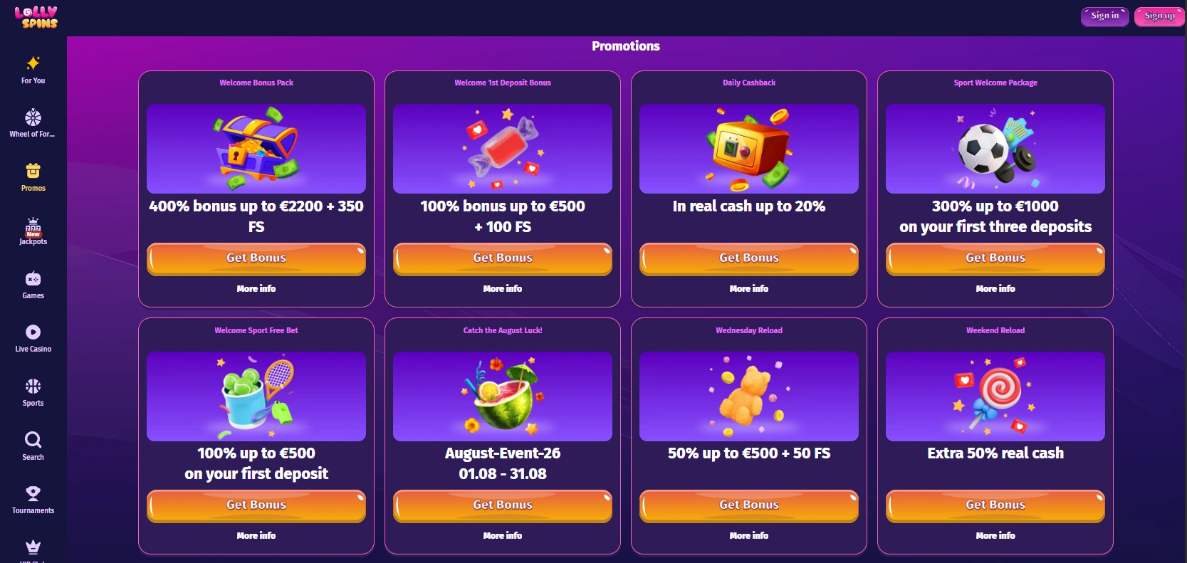 O que há para jogar na Lolly Spins casino