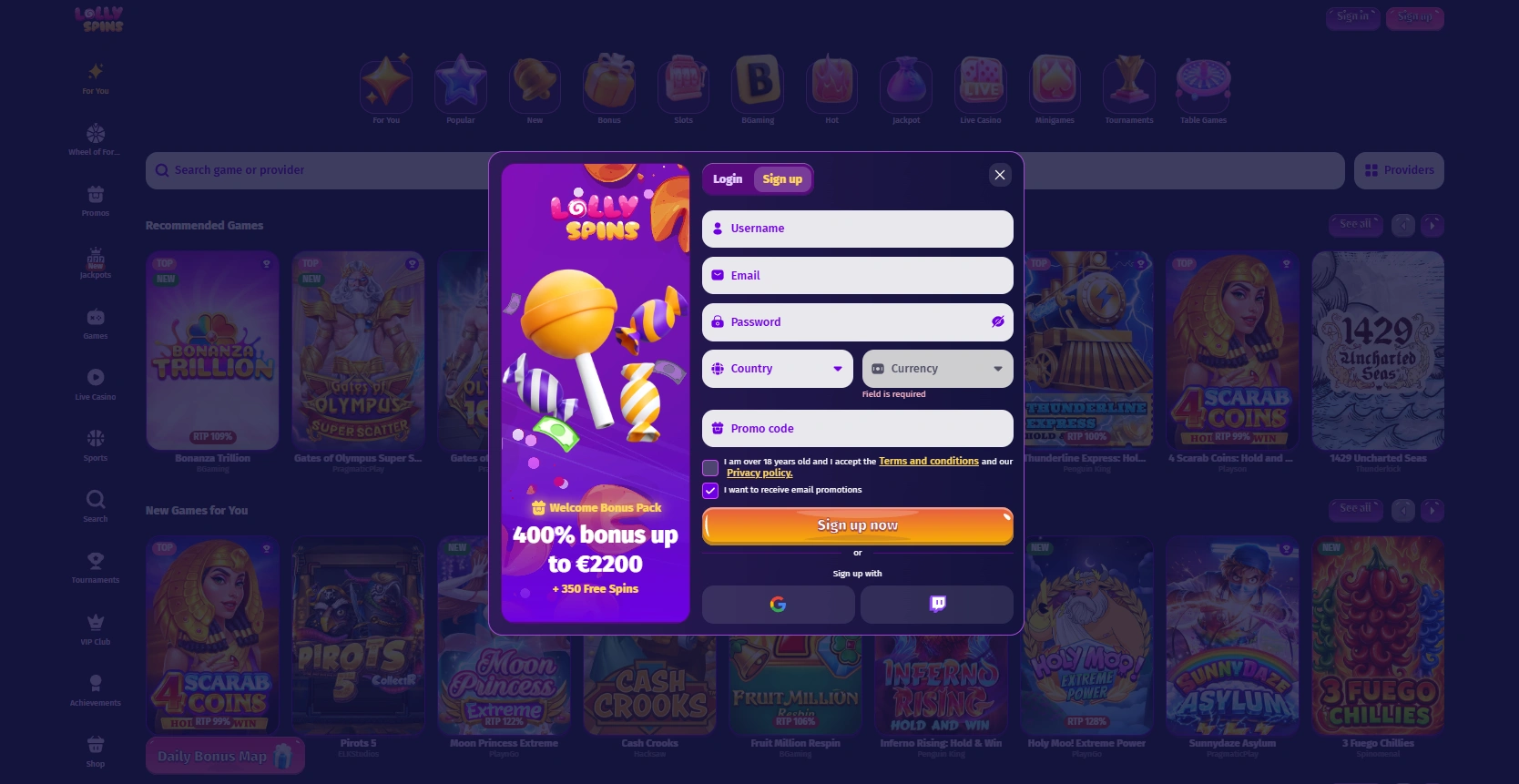 O pacote de boas-vindas e outras ofertas da Lolly Spins casino